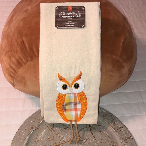 Bayberry Orchards Set of 2 Cotton Fall Harvest Kitchen Towels Tan Orange - Picture 1 of 10